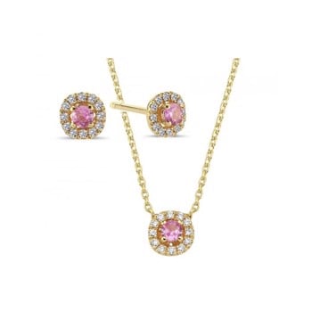 14 kt rødguld smykkesæt, fra Sofia serien med 3 x 0,08 ct pink safir & 36 x 0,005 ct diamanter Wesselton SI