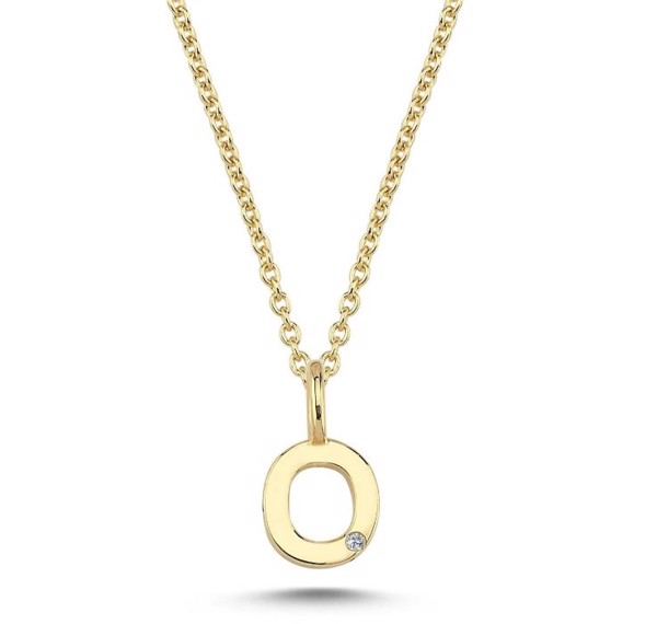 Bogstav vedhæng 6,5 mm, O i 14 karat guld med 0,005 ct brillant