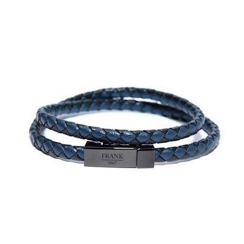 Image of Frank blåt læder herre armbånd med blank sort stål
