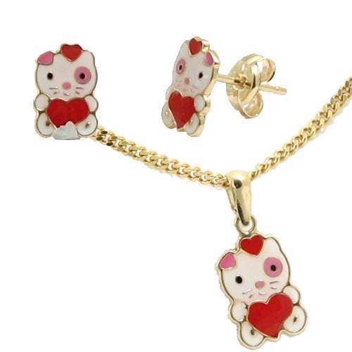 Image of Hello Kitty ørestikker og vedhængs sæt i 14 ægte guld*