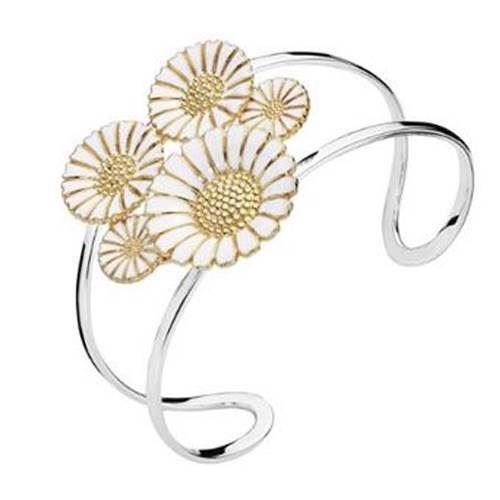Image of Lund Marguerit armring i sterling sølv med forgyldt sølv med hvid emalje