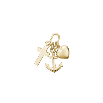 Guldvedhæng med tre charms: kors, anker og hjerte, alle hænger fra samme løkke.