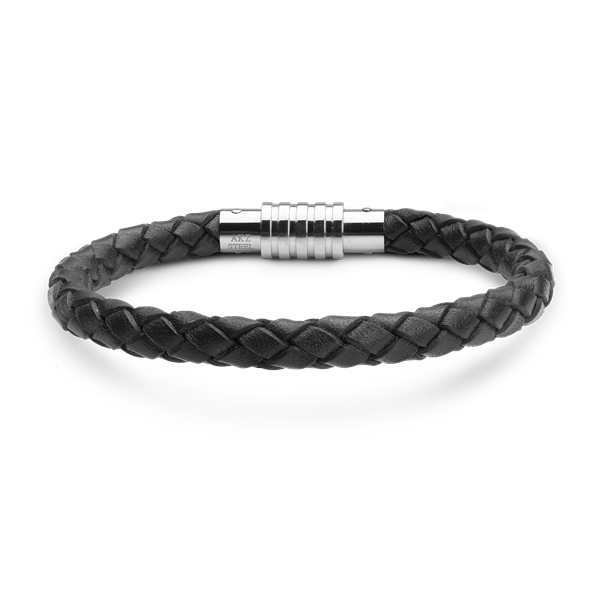 Sort fletlæderarmbånd med blankt stållås.