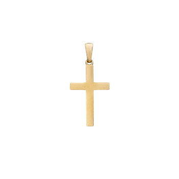 Korsformet vedhæng i guldfarve med glat overflade og lille løkke til kæde.
