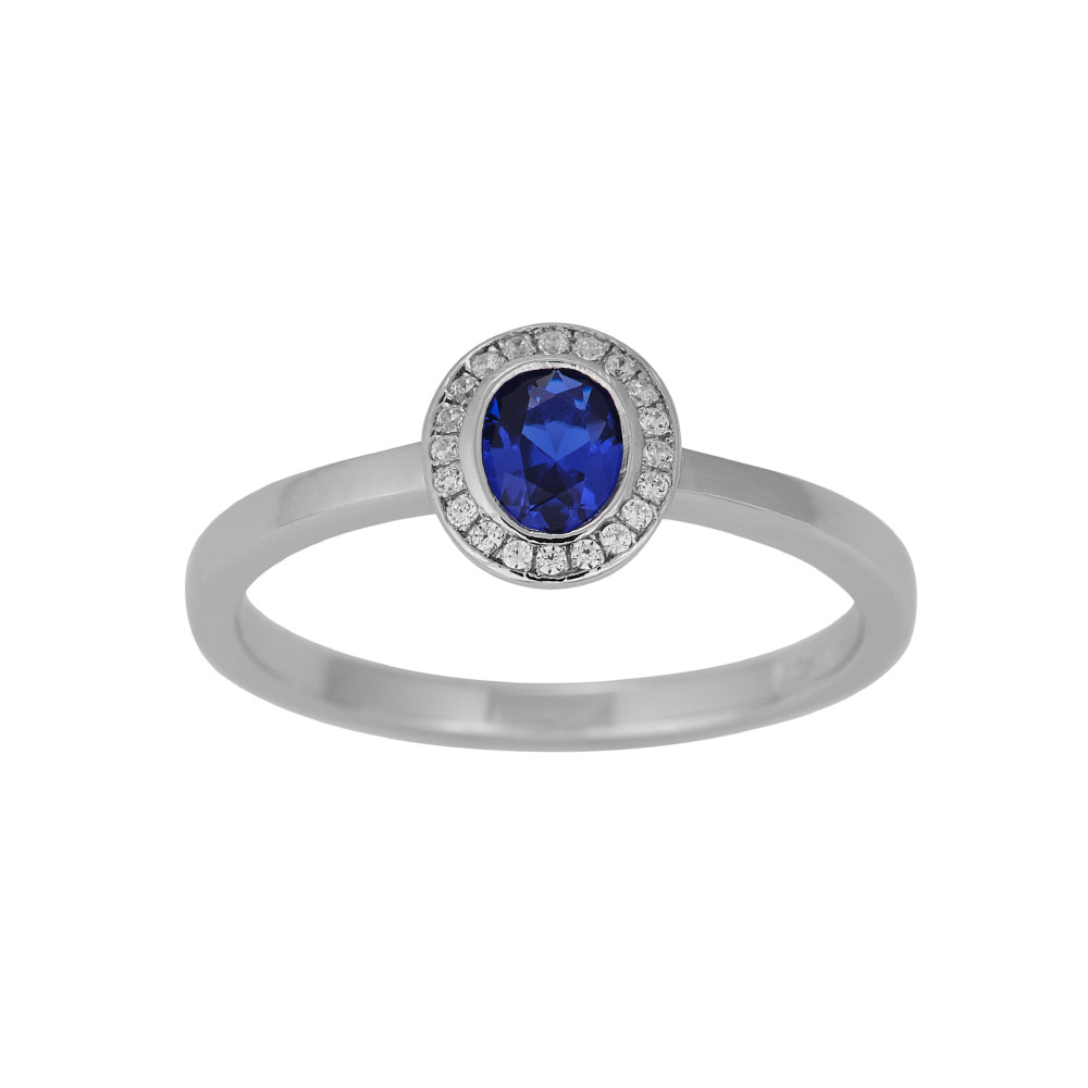 Rhod. Sølv roset ring m. synt. 4x5mm Safir + cz, fra Siersbøl