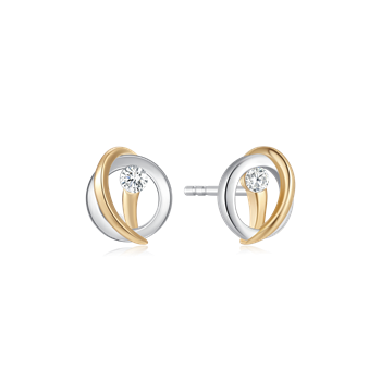 Sølv- og guldfarvede ørestikker med klar sten i midten, indviklede løkker, elegant design.