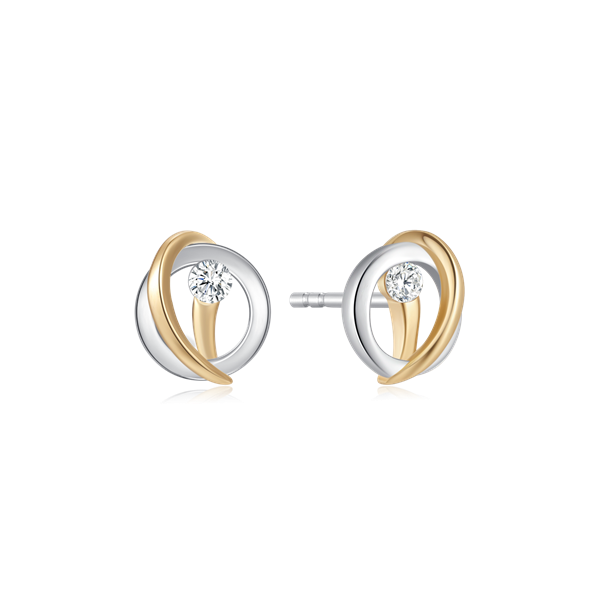 Sølv- og guldfarvede ørestikker med klar sten i midten, indviklede løkker, elegant design.