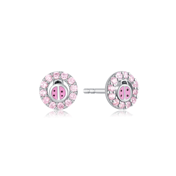 Sølv ørestikker med mariehøne-design, omgivet af lyserøde sten, post-back lukning.