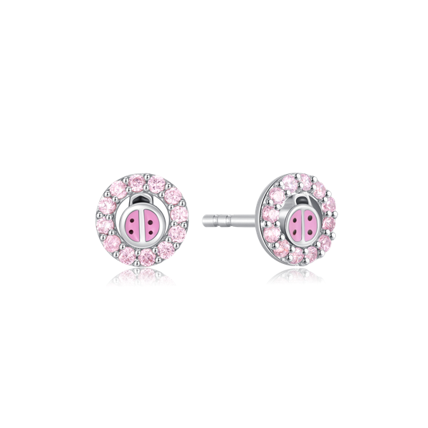 Sølv ørestikker med mariehøne-design, omgivet af lyserøde sten, post-back lukning.