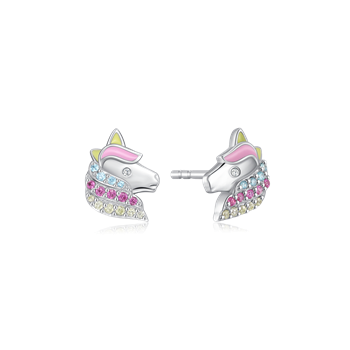 Sølv ørestikker formet som enhjørninge med lyserød, blå og gul manke, glitrende sten.
