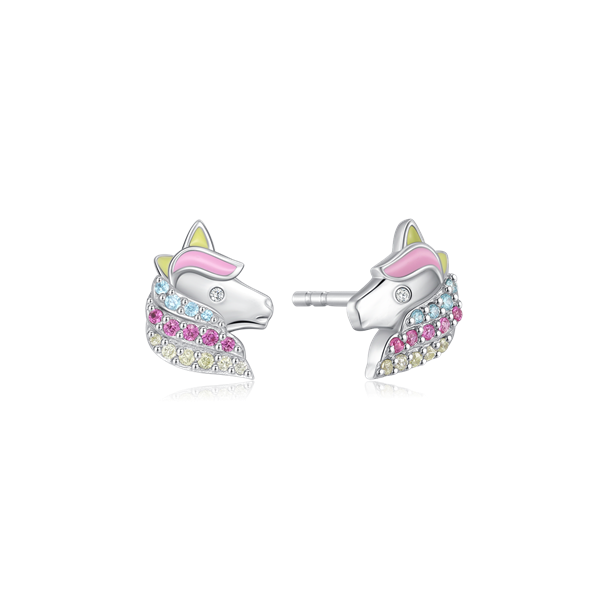 Sølv ørestikker formet som enhjørninge med lyserød, blå og gul manke, glitrende sten.