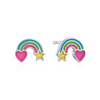 Sølv ørestikker med regnbue-design, pink hjerte i den ene ende og gul stjerne i den anden.