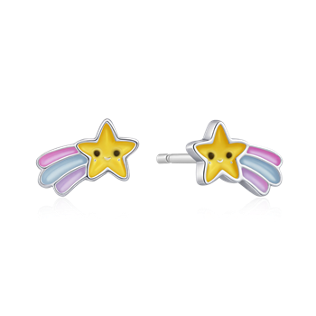 Sølv ørestikker med smilende stjerne, ansigt, farvede buer i pink, blå, lilla og metalfarvet kant.