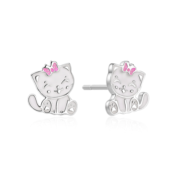 Sølv katteørestikker med lyserøde sløjfer og detaljerede ansigter fra Støvring Design.