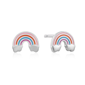Sølv ørestikker med regnbue i rød, orange, blå, lilla og skyformede detaljer nederst.