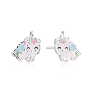 Sølv ørestikker formet som smilende unicorns med pastelfarver og vinger.