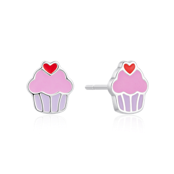 Ørestikker formet som lyserøde cupcakes med rødt hjerte på toppen og hvid kant.