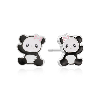 Sølv ørestikker formet som tegneserie-pandaer med sort/hvid farve og lyserøde sløjfer.