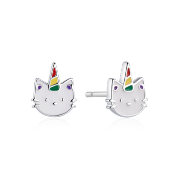 Sølv ørestikker formet som katteansigter med enhjørninghorn i farverne rød, gul, grøn og lilla.