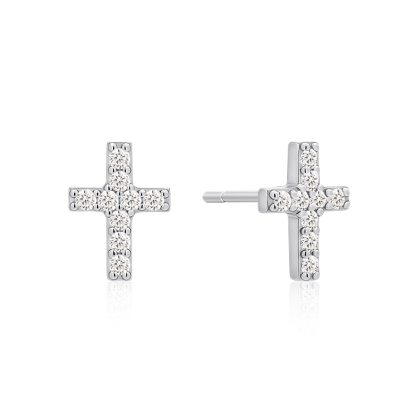 Sølv ørestikker formet som kors, besat med små, runde sten fra Støvring Design.