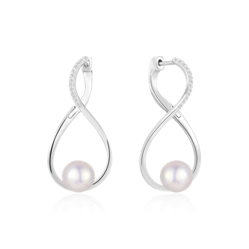 Sølv øreringe i snoet design med perler i bunden og små sten på den snoede del.