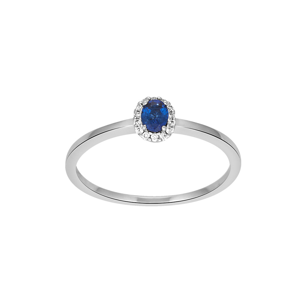 14 kt. hvidguldsring m/safir og dia 0.05ct W/SI, fra Siersbøl