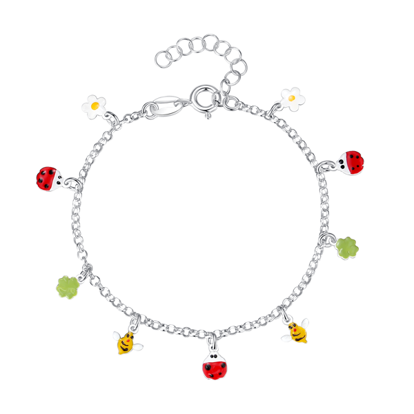 Sølv Armbånd med Blomst, Mariehøne, Firkløver og Bi