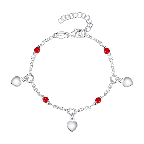 Sølv Armbånd med Hjerter og Røde Emalje Kugler, Støvring Design