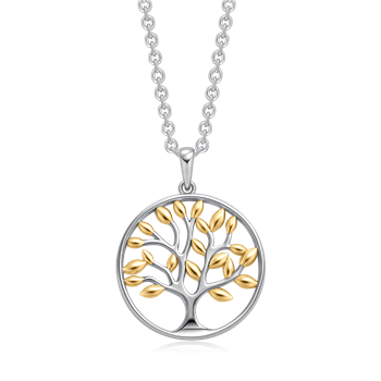 Sølv halskæde med rundt vedhæng, trædesign og gyldne blade. Kæde af sammenkoblede led.