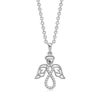 Sølvhalskæde med englevedhæng, pyntet med glimtende sten og kæde med runde led.