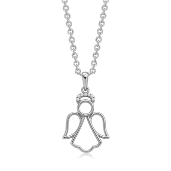 Sølv halskæde med engelvedhæng, vinger og glorie med sten. Traditionel kæde.