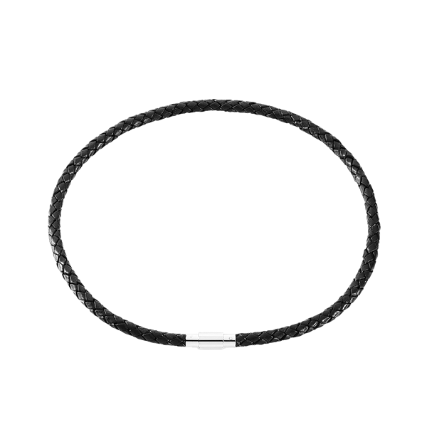 Læder collier sort flet m/stål lås, fra aagaard