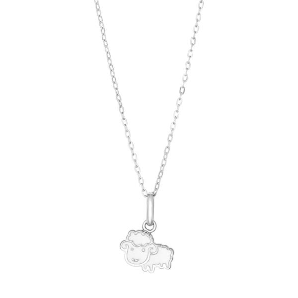 Rhodineret sølvvedhæng formet som et får på en kæde med små, regelmæssige led fra Noa Kids.