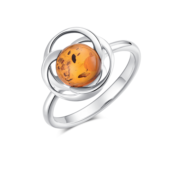 Sølv Ring med Rhodineret Flettet Blomst og Rund Rav