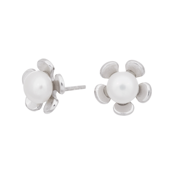 Rhod. sølv ørestikker blomst m/ perle, fra Siersbøl