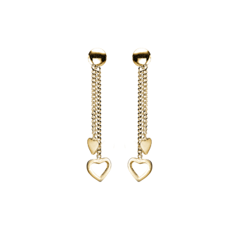 Sølv øreringe med kugleformet stud, to kæder, solidt og åbent hjerte ved enderne.