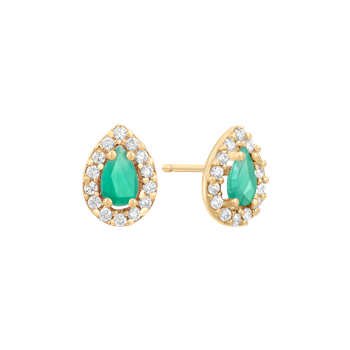 Dråbeformede ørestikker med grøn sten og klare sten i guldfarvet indfatning fra Støvring Design.