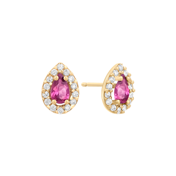 Dråbeformede ørestikker med central pink sten omgivet af klare sten, elegant og symmetrisk design.