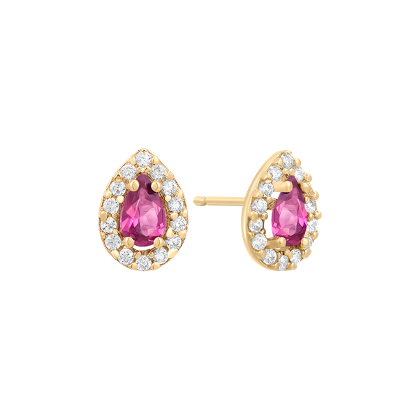 Dråbeformede ørestikker med central pink sten omgivet af klare sten, elegant og symmetrisk design.