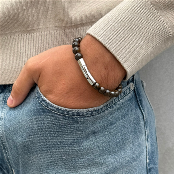 Armbånd i stål med bronzite natursten og kors - 21 cm langt, fra Blicher Fuglsang