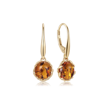 Guld øreringe med dråbeform og ravfarvet sten, skinnende finish og leverback-lukning.