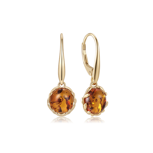 Guld øreringe med dråbeform og ravfarvet sten, skinnende finish og leverback-lukning.