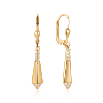 Guld ørehængere med dråbeform og små sten, lever-back lås, fra Støvring Design.