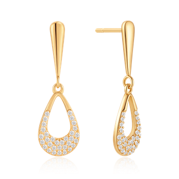 Guld ørehængere med dråbeformet vedhæng, små sten og blank overflade fra Støvring Design.