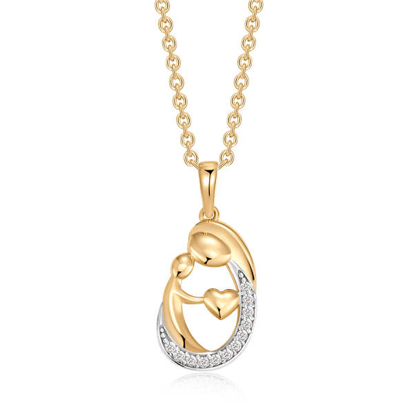 Guldhalskæde med vedhæng af to figurer, der holder et hjerte, dekoreret med klare sten.