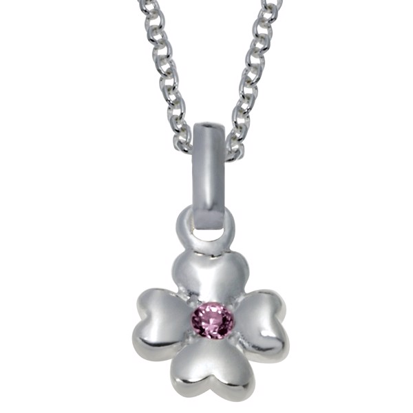 Rhod. sølvvedhæng blomst m/lyserød cz inkl. kæde, fra Noa Kids