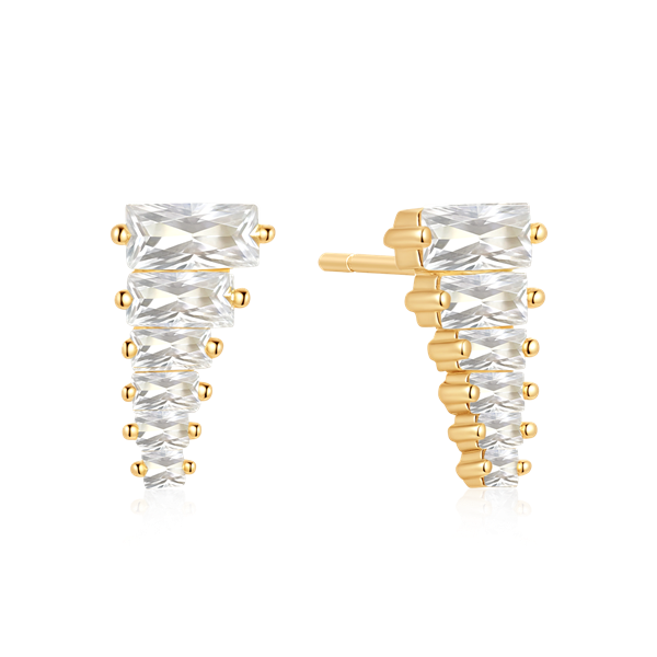 Sølvforgyldte ørestikker med klare sten i guldfarvet indstilling, graduerende størrelse.