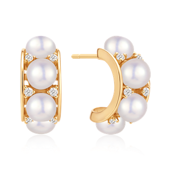 Sølvforgyldte halvmåneformede øreringe med hvide perler og små klare sten fra Støvring Design.