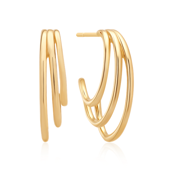 Sølvforgyldte ørestikker med tre glatte ringe, elegant og skinnende design fra Støvring Design.