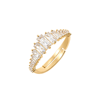 Sølvforgyldt guldring fra Støvring Design med klare, rektangulære ædelsten i rækkefølge.
